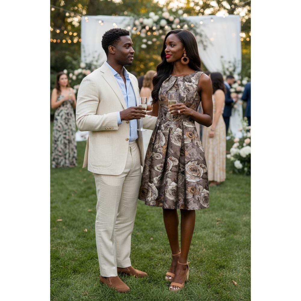 SLNY Brown Floral Brocade Midi Dress